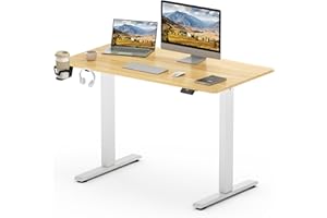 SANODESK Bureau Assis Debout Électrique 110 x 60 cm, Plateau Complet, Bureau Debout Réglable en Hauteur avec Crochet/Porte-Bouteille Fonction Mémoire, Fonction de Rappel de Sédentarité, Blanc+Érable