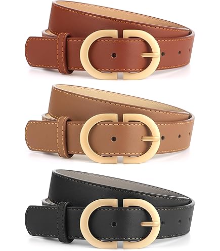 Lot De 3 Ceintures Femme En PU – Noir, Marron, Beige, Boucle Dorée, Réglable 9 Trous