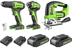 Greenworks Kit de 3 outils sans fil 24 V, composé d'une visseuse sans fil (35 Nm), d'une visseuse à percussion sans fil (220 Nm), d'une scie sauteuse sans fil, de 2 batteries et d'un chargeur