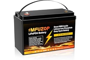 MFUZOP 12V100Ah LiFePO4 Batterie, 100A BMS, MAX 1280W Leistung, 8000-15000 Zyklen Deep Cycle Lithium Batterie, Unterstützt Serien/Parallelschaltung, für Solar, Wohnmobil, Off-Grid(12V100AH G31*1Pcs)