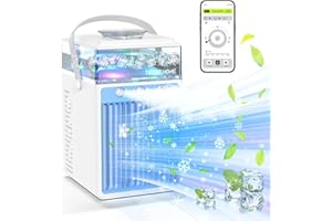 TIPTOP HOME Aire Acondicionado Portátil, 4 en 1 Mini Enfriador de Aire Portátil Ventilador de Enfriamiento de Aire Personal Pequeño USB con 7 Colores LED, 3 Modo niebla y 3 Velocidades para Coche, Oficina, Hogar