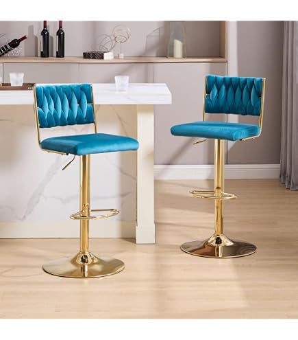 Set 2 Sgabelli Da Cucina Regolabili In Altezza BAKAJI – Rivestiti In Velluto Crem, Struttura Oro, Girevoli E Con Poggiapiedi