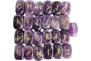 Lovionus89 Juego de piedras naturales de runas (25 unidades), piedras preciosas pulidas con talladas para adivinación, curación de cristal Reiki, amatista