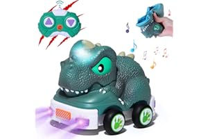 Eutionho Toddler Toy Cars, Dinosaur Cartoon Car Mini RC Car Baby Push and Go Toy Cars, Remote Control Car with Music and Lights, Gifts for Baby Girls Boys Toddlers