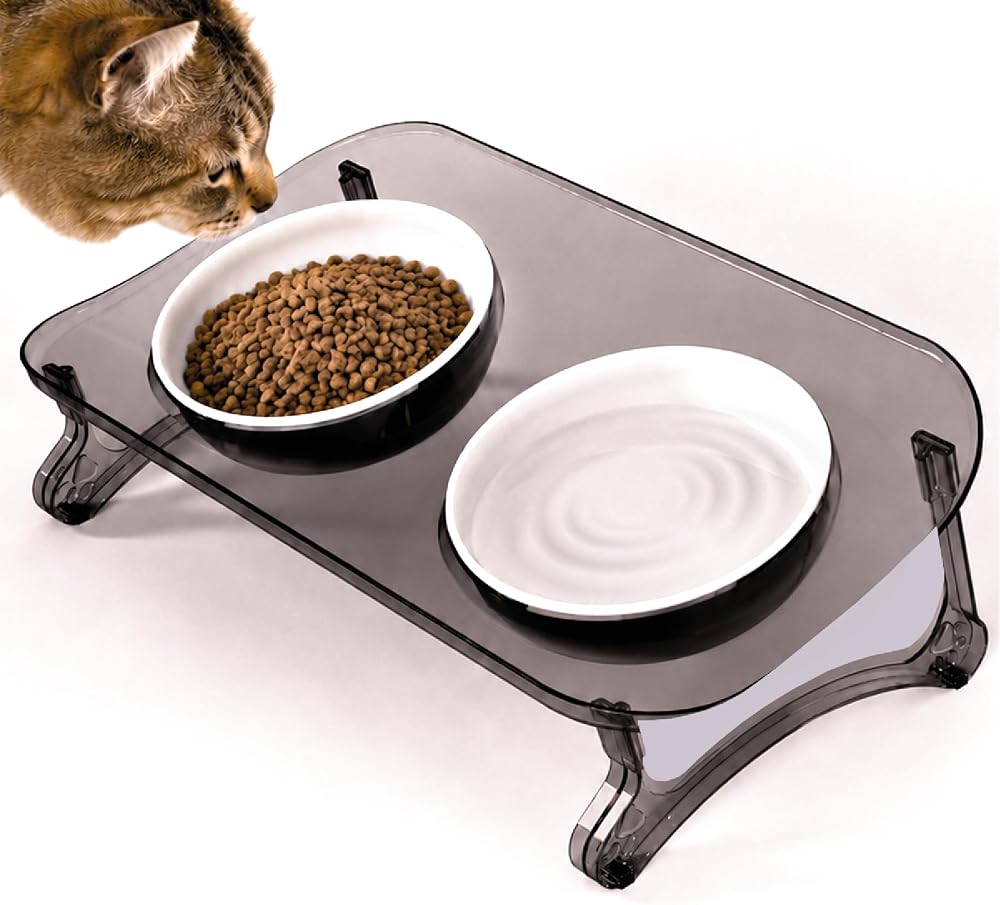 Mama Kabı, Mama ve Su Kabı, Kedi Mama Kabı, Kedi Mama ve Su Kabı, Köpek Mama Kabı, Kedi Mama Kapları, Köpek Mama ve Su Kabı, 15° Eğimli Yüksek Çift Kaseli (Siyah Transparan+Beyaz)