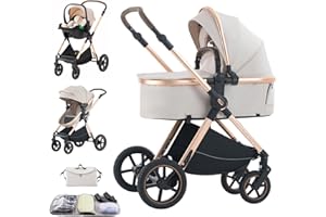 Shineey Passeggino trio, combinazione carrellino per bebè 3 in 1 passeggino cittadino con buggy pieghevole di lusso con carriola per bambini ad alta vista portatile con neonato (D2 RICEWHITE, H2-D)