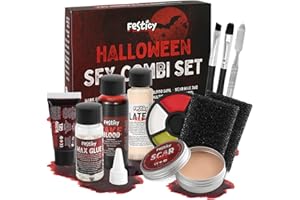 Festicy Set de Maquillaje Halloween de Efectos Especiales I Kit completo con sangre falsa, látex, cera para cicatrices y accesorios I Sangre falsa I Maquillaje Halloween para disfrace