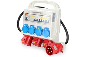 Daromigo Interruttore di protezione FI, Distributore da parete 2 x CEE 400 V/16 A+4 x 230 V Schuko IP44 5 poli, Distributore di corrente con cavo, coperchi di sicurezza per cantieri