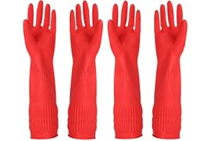 YSLON Rubber Cleaning Gloves Kitchen Dishwashing Glove 2-Pairs and Cleaning Cloth 2-Pack,Waterproof Reuseable. (Red, Medium)