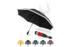Chakipee Regenschirm Groß Sturmfest Reflektierend für Herren und Damen – Taschenschirm Automatik Auf und Zu Reise Schirm Kompakter Tragbarer, Taschenschirme Schwarz 210T Beschichtung 106 cm Spannweite