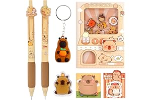 LEZEHEA Kit de Papeterie Capybara - 2 Stylos Noirs + Carnet à Effet de Capsule + 30 Autocollants + Porte-clés + Bloc-notes + Marque-page - Cadeau Kawaii pour Bureau/École(0.5mm)