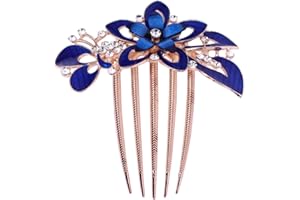 Lurrose Flower Bride Hair Side Comb Rhinestone Bridal Comb Barrette Wedding Hair Accessory for Women (Dark Blue)