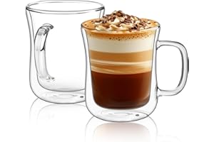 ComSaf 350 ml Filiżanki Do Cappuccino Zestaw 2 Filiżanek Do Espresso, Podwójne ścianki, Szklane Kubki Do Kawy z Uchwytem, Pasują Do Herbaty, Gorącego Lub Zimnego Napoju, Wina, Mleka, Americano I Soku