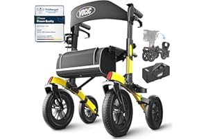 VOCIC All Terrain Rollator Walker, Foldable Outdoor Rollator with Seat Mobility Walker for Senior, Carry Bag, Brakes, 30cm/ 12'' Wheel Rubber Large Tyre, Suitable Travel, 5 Year Support
