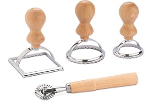 Navaris Set Emporte-Pièce à Ravioli - Ensemble Découpe Ravioles Raviolis Pâtes Gyozas Pierogi - 1x Roulette 3x Moule avec Manche en Bois