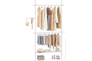 SONGMICS Floor to Ceiling Clothes Rail, 3-Tier Clothes Rack, Height and Length Adjustable Clothing Rail, 1-Row Wardrobe Organiser with 2 Rods and 1 Shelf, Reaching Rod, Matte White HSR136W01
