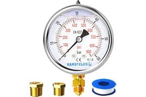 Hansfelds 0-60bar Pressure Gauge Liquid Filled 1/4'' BSP Lower Mount 63mm Dial Face stainless steel case Brass Connection Dual Scale bar/psi Accuracy1.6,2Pieces Bushing reducer1/4"to 3/8",1/4"to1/2"