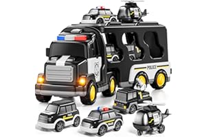 JUKUDAHU Police Truck Toy for 3 4 5 6 Years Old Boys - Carrier Vehicle Toy Set with 3 Small Cars and 1 Helicopter, Kids Firction Powered Car for Age 3-9, Gifts for Boys and Girls