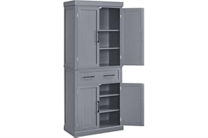 Yaheetech Tall Kitchen Pantry Cupboard, 183.5cm Freestanding Storage Cabinet with Drawer, 4 Doors, 2 Adjustable Shelves for Home Dining Living Room, Dark Grey