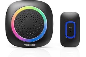 TECKNET Bezprzewodowy Dzwonek,Zasilanie Bateryjne,Światło RGB,IP66 Wodoodporny Przenośny Bezprzewodowy Zestaw Dzwonków,400M,60 Melodii i 5 Poziomów Głośności z Żywotnością Baterii 4,5 Roku (Czarny)