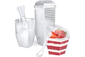 CoKeeSun 30 Piezas 115ml/4oz Vasitos para Postres con Tapa y Cucharas, Tazas de Postre de Plástico Reutilizables, Cuencos de Postre Transparentes, Vasitos Aperitivos Plastico para Pudín Mousse