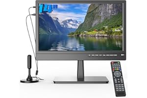 ZOSHING 14" Small 1080P screen TV with freeview Reception and Aerial,Two Power AC/DC-12V,HDMI-USB-VGA Input Ports for Camper/Monitors/kitchens