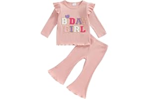 MAHUAOYIXI Baby Girl 2Pcs Birthday Outfits Long Sleeve Letter Embroidery Tops Flying Sleeve + Flare Pants Set Toddler Girls Clothes Birthday Clothing Set