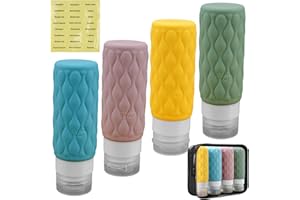 BUZIFU Flacons de Voyage en Silicone 100 ml 4 Pack Étanches Contenant de Voyage Silicone Flacons de Voyage à Remplir avec éTiquette etT rousse de Toilette Pour Shampooing Conditionneur Lotion