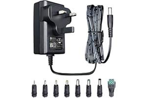 OXZEEWEE 12V 2A 24W 1.8M/6Ft Long Power Supply Adapter, AC DC Switching Adapter (Input 100-240V, Output 12Volt 2Amp 2000mA), Wall Mount Transformer Plug with 8 Interchangeable Adapter Jacks, UKCA Listed