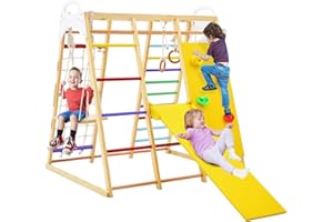 LIFEZEAL 8 en 1 Juego de Triángulo de Escalada, Gimnasio Bebe Madera, Parque Infantil con Tobogán de Madera, Red de Escalada y Anillas de Gimnasia y Columpio, para Niños a Partir de 3 Años