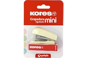 Kores - Mini cucitrice giallo morbido + 1000 graffette 24/6, compatibile con 26/6, dimensioni compatte 6 x 4,5 x 3 cm, capacità 12 fogli carta 80 g, distanza pinzata 17 mm, ideale come forniture per