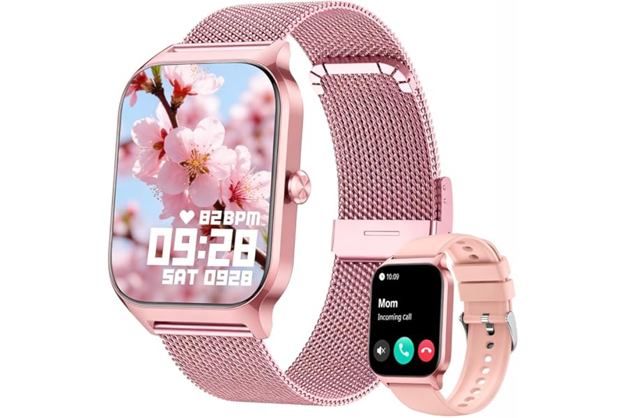 Popglory Men's Women's Smartwatch, 1.85 Inches Watch Calls, AI Assistant, 100+ Sports Fitness Watch Modes, Heart Rate/SpO2/Blood Pressure/Sleep/Stress, Android iOS Gift (2 Straps)