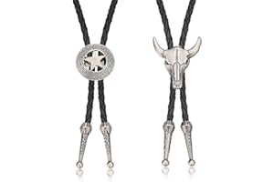 Finrezio 2 Pezzi Bolo Cravatta in Pelle Intrecciata Collana Ciondolo Vintage Testa di Toro Cowboy Occidentale Regali per Uomo