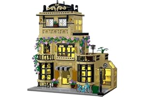 NEWRICE Stadt Café Architektur Baukasten mit Lichtern, 3 Ebenen Stadt Café Modell Bauklötze Spielzeug,für 12+Alter Jugendliche,Erwachsene, 12+ Jahren（1443 Teile）