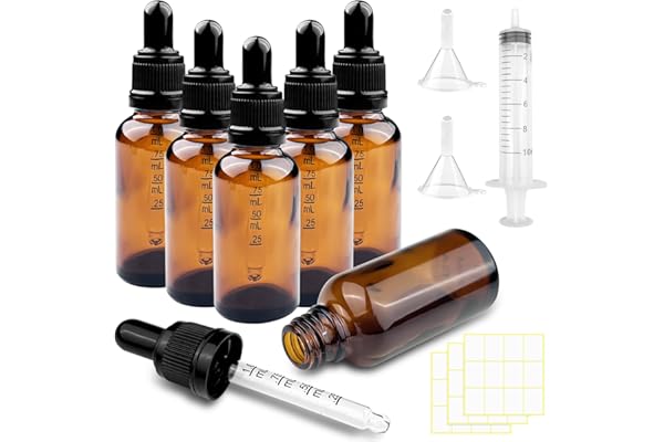 Brevanza 6 flacons pipettes 30ml, flacon verre ambré 4 accessoires, rechargeables, Huile Essentielle, Aromathérapie, Massage, Cosmétique, Voyage