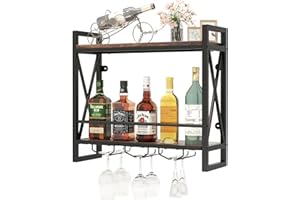 ‎COSTWAY COSTWAY 2 Ebenen Weinregal Wand, Flaschenregal Holz mit Metallrahmen, mit 3 Reihen Weingläserhalter, Industrial Design, ideal für Zuhause, Bar, Küche, Restaurant, 60 x 20 x 55 cm