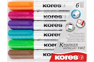 Kores - K-Marker XW2 : Marqueurs de couleur pour tableau blanc avec pointe biseautée, effaçable à sec et encre à faible odeur, fournitures scolaires et de bureau, lot de 6 couleurs assorties