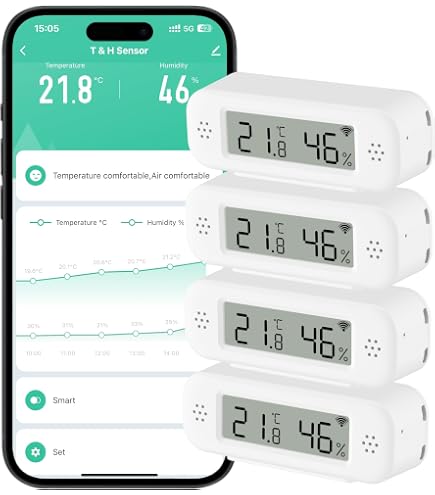 SPORTARC Lot De 4 Thermomètres Hygromètres WiFi Tuya – Intérieur/Extérieur, Alarme App, Suivi à Distance Smart Life