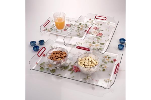 Nayasa Modern Plastic Rectangular Serving Tray Set of 3, Small, Medium & Large Durable Multipurpose Kitchen Tray for Tea, Coffee, Snacks, Fruits & Desserts Transparent Red