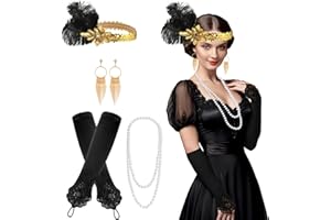 FEPITO Set di accessori da donna con fascia, collana, orecchini, guanti lunghi neri e portasigarette, collant a rete