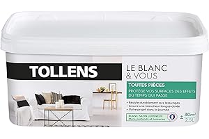 Tollens - Peinture Blanche Satin - Toutes Pièces - Murs, Plafonds, Boiseries - Blancheur Longue Durée - Résiste aux Chocs - Séchage Rapide - Fabriqué en France - Blanc - 2,5L = 30m2