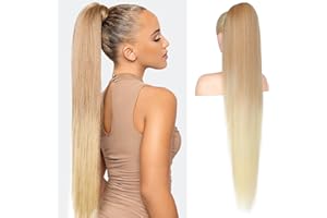 ‎FLUFYMOOZ Flufymooz Ponytail Extension Pferdeschwanzverlängerung, 91 cm langer gerader Pferdeschwanz mit Kordelzug, Lockiger Pferdeschwanz Synthetisches Haarteil für Damen(Dunkelblond bis Hellblond)