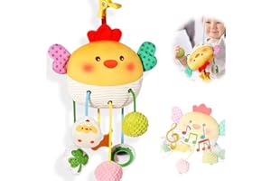 AIRCADIA Baby Kinderwagen Spielzeug mit Ausziehfunktion ab 0 3 6 Monate, Anhänger Greifspielzeug Baby Spielzeug mit Spiegel und Ton, Plüsch Hängespielzeug Neugeborenen Mädchen Jungen Geschenk (Küken)