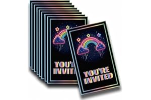 GHKJOK 40 PCS Neon Rainbow Party Invitations for Kids, Birthday Invitations for Boys and Girls, Colourful Party Invites with Bright Neon Design for Disco Events & Festival Celebrations