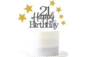 PARGLEEV Glittery 21st Happy Birthday Cake Topper with Star,21 Birthday Cake Toppers Party Decorations Party Supplies for Boys Girls Black Gold