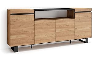 Skraut Home | Credenza, Mobile, Cucina | Madia, mobile ingresso | 200x87x35cm | 4 Porte | Design industriale | Stile moderno | Rovere e nero