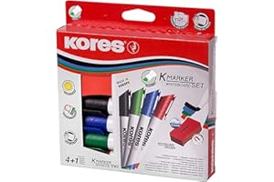 Kores - K-Marker XW2 : Marqueurs de Couleur pour Tableau Blanc avec Pointe Biseautée, Encre à Faible Odeur et Effaçable à sec, Paquet de 4 Couleurs Assorties + 1 Effaceur Magnétique