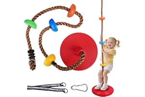 CUPCHID Climbing Rope with Platforms and Disc Swing Seat Set Playground Accessories Including Bonus Hanging Strap & Carabiner Tree Swing for Kids Rope Swings for Tree,load capacity up to 200 kg (red)