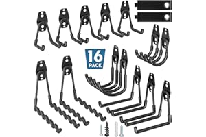 BONTEC Lot de 16 crochets muraux noirs à visser, charge 439 kg sur bois/brique, support vélo, accroche vélo mural garage, crochets U J et ondulés, rangement outils mural garage, atelier, abri, van