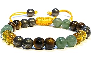 P&R:UK Money Wealth Success Bracelet Set - Pyrite Green Aventurine Tiger Eye Citrine - Unisex Adjustable Bracelet Gift